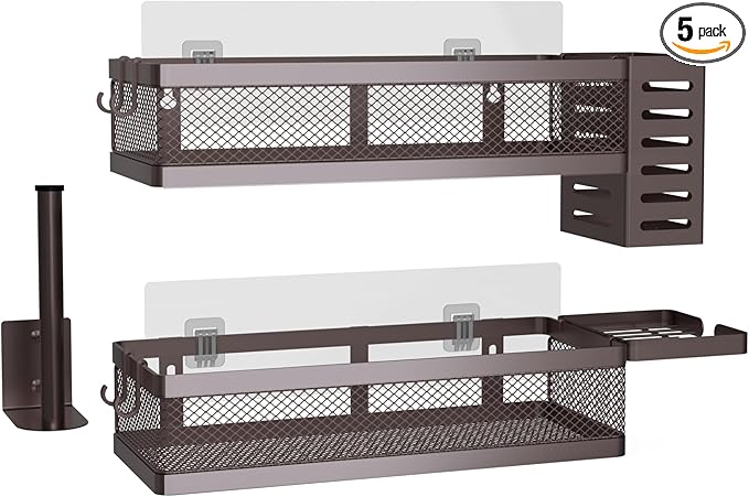 PUSDON 5-in-1 Wide Wall Mount Wrapped Mesh Kitchen Organizer & Shower Caddy Kit, with Paper Towel Holder, Utensil Holder, Soap Dish, Heavy Duty 50LBS - Vintage Bronze, Netting