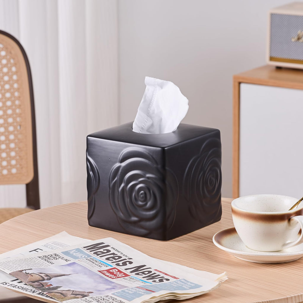 Black Ceramic Rose Tissue Box Cover, Carved Flowers Large Square Tissue Box Holder Decorative for Bathroom, Vanity, Kitchen Countertop, Bedroom Night Stands, Office Desk Top