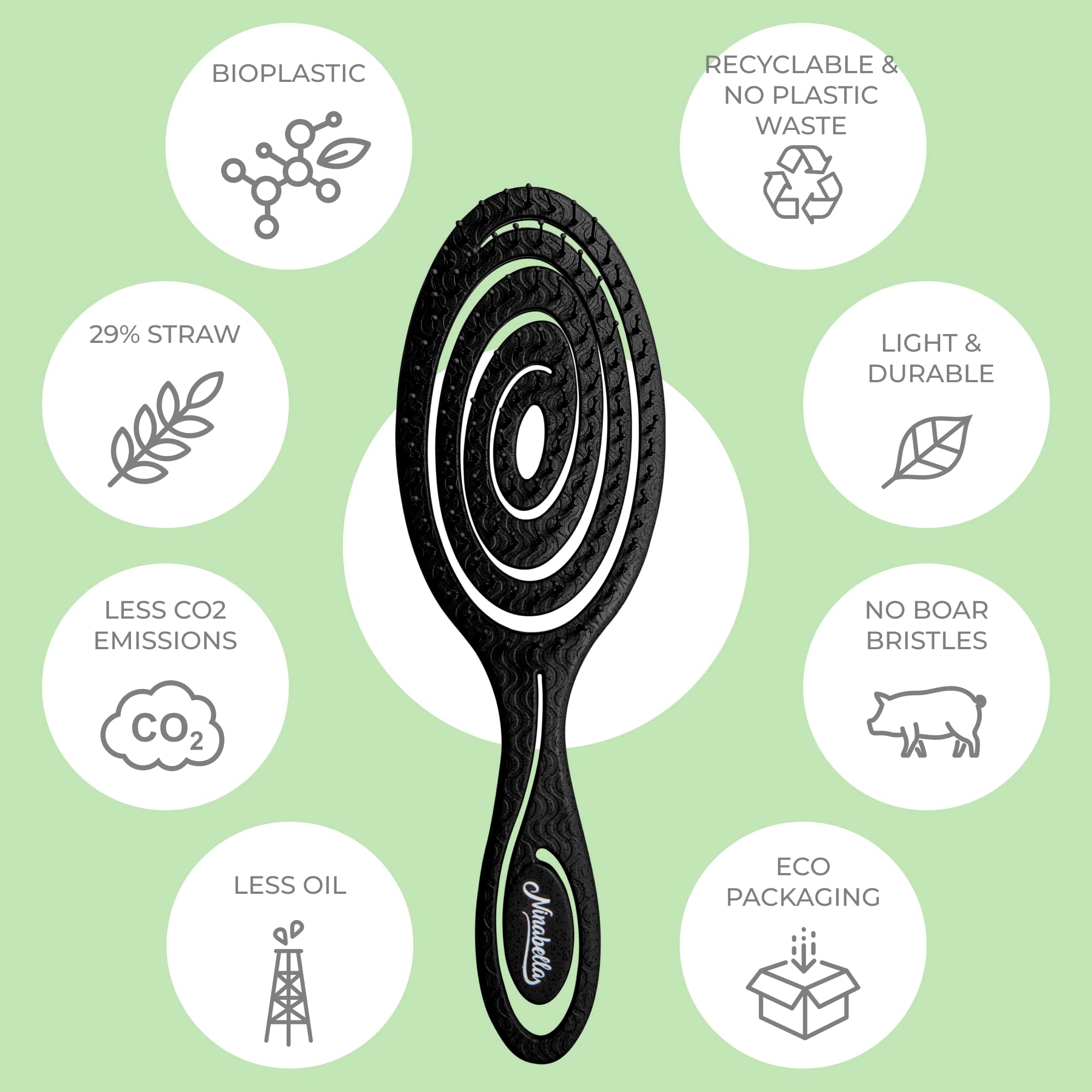 Ninabella Detangle Hair Brush for Women & Men - Does not Pull - Straightening Brushes for Straight & Curly Hair - Unique Spiral Detangling Hairbrush - Black