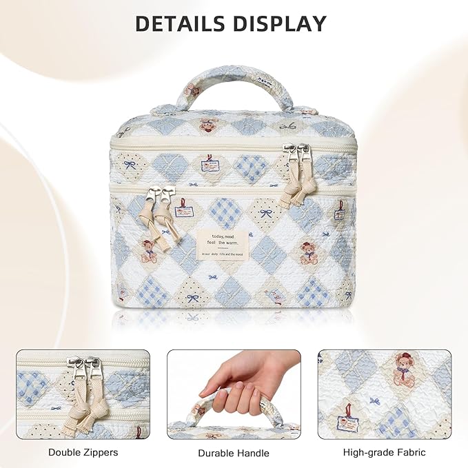 Gosect Makeup Bag, Portable Travel Make up Bag, Large Capacity Quilted Cosmetic Organizer Bag, Cute Floral Toiletry Bag for Women Girls (Bear Pattern)