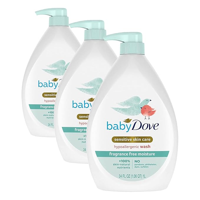 Baby Dove Sensitive Skin Care Baby Wash Fragrance Free Moisture For Baby Bath Time Fragrance Free and Hypoallergenic, Washes Away Bacteria 34 oz (Pack of 3)