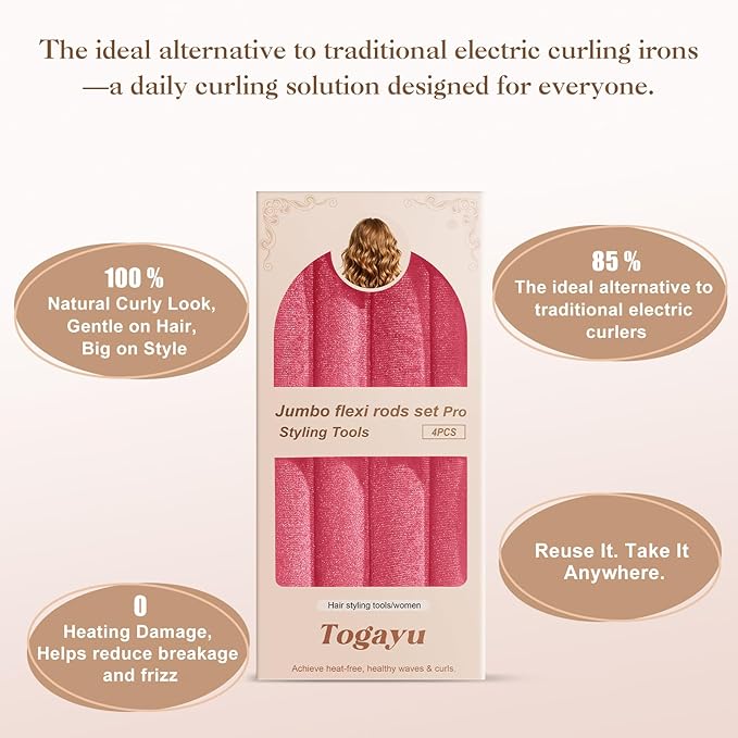 Togayu Heatless Curls Overnight Set for Natural Hair, Comfortable Easy-Lock Rollers, Heat-Free Hair Curlers for Long Textured Hair, 4PCS Pink