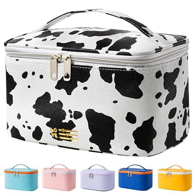 Travel Makeup Bag for Women, PU Leather Cosmetic Case, Cute Cow Printed