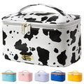Travel Makeup Bag for Women, PU Leather Cosmetic Case, Cute Cow Printed
