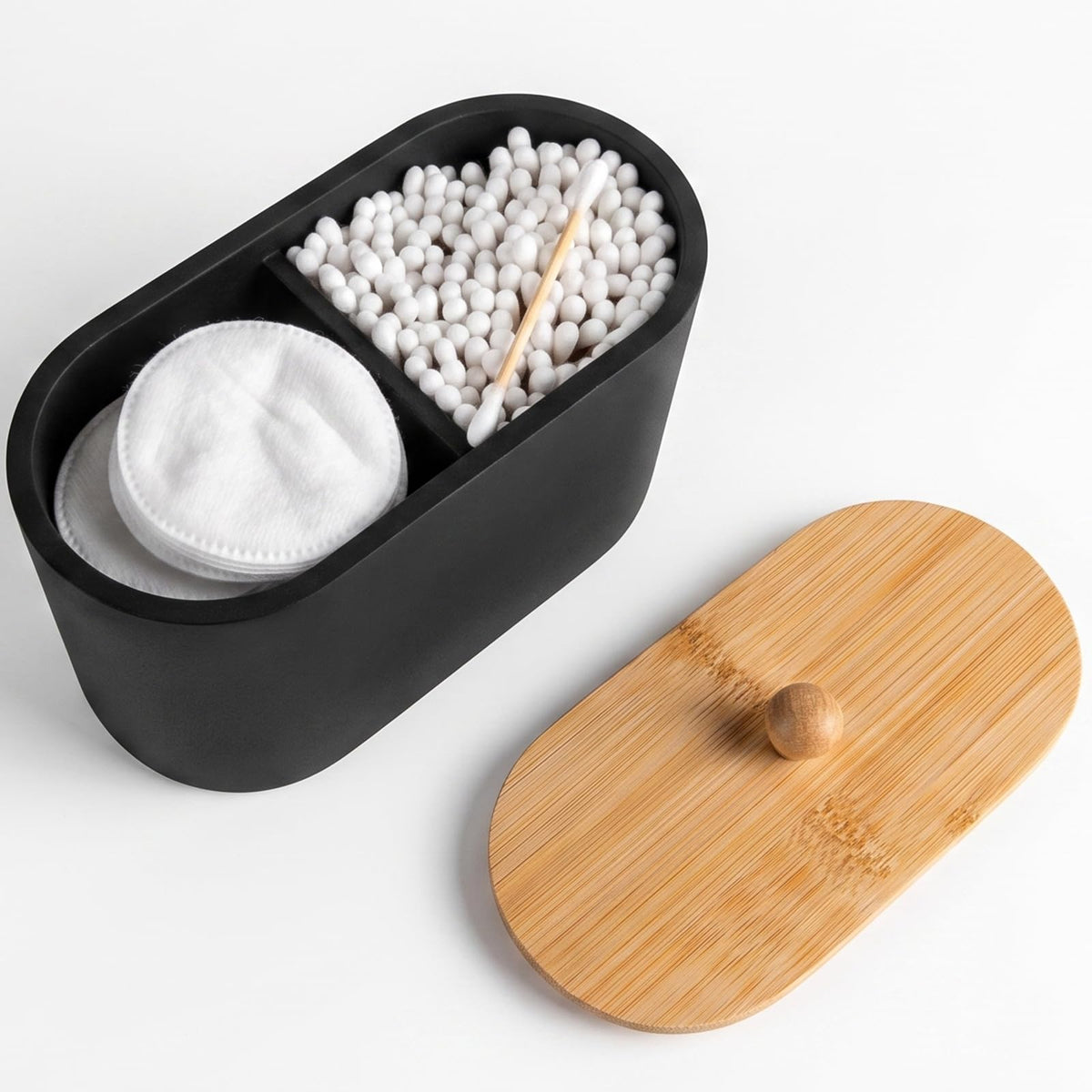 Cotton Swab Holder,Round Cotton Pads Balls Qtip Holder Dispenser with Lid, 2 Compartments Qtips Holder, Tampoms Period Box Bathroom Organizers Storage Bin Floss Dispenser Vanity Cosmetics, Black