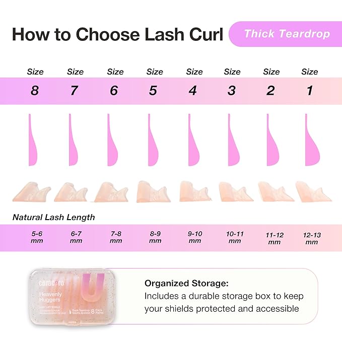 Curacoro Lash Lift Shields, 16 Pcs/8 Sizes Reusable Silicone Rods