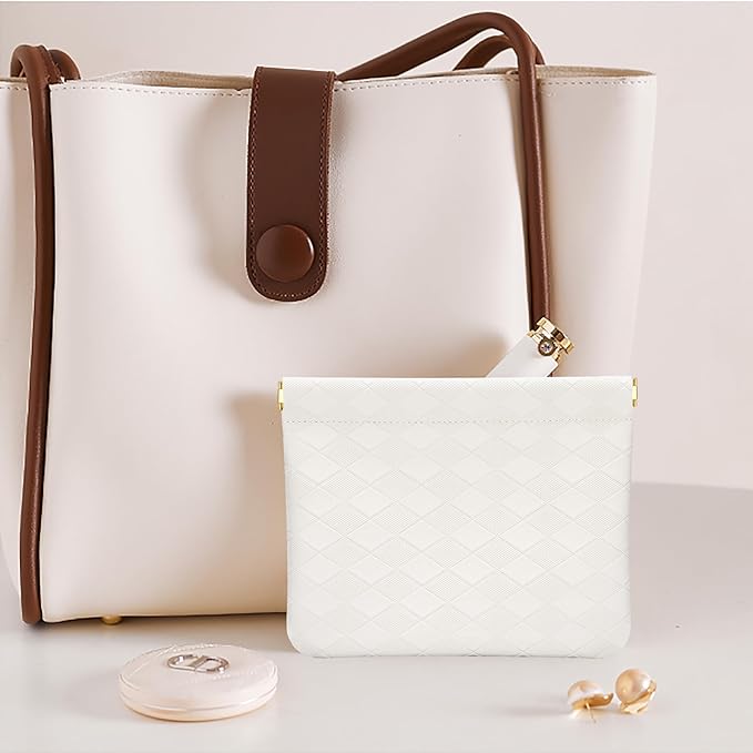 HIGH FIT Leather Pocket Cosmetic Bag for Purse,Coin Purse Lipstick Cosmetic Accessories Organizer, Travel Kit Storage Pouch,Waterproof Portable No Zipper Self-closing (White/lozenge)