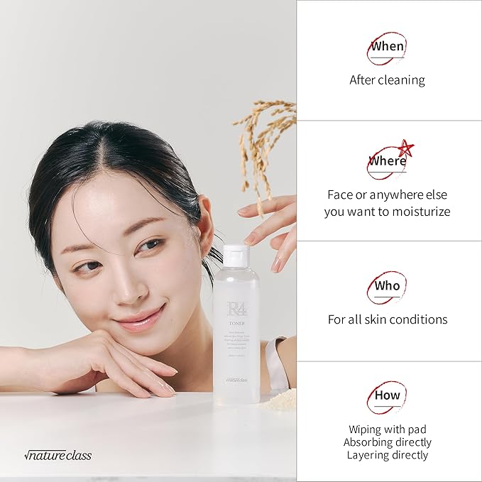 NATURECLASS R4 Hydrating Rice Toner – Glass Skin, Toner for Face, Deep Moisturizing, Rice Water, Hyaluronic Acid, Squalane, Korean Skin Care, Fragrance Free, Sensitive Skin, 6.76 fl oz