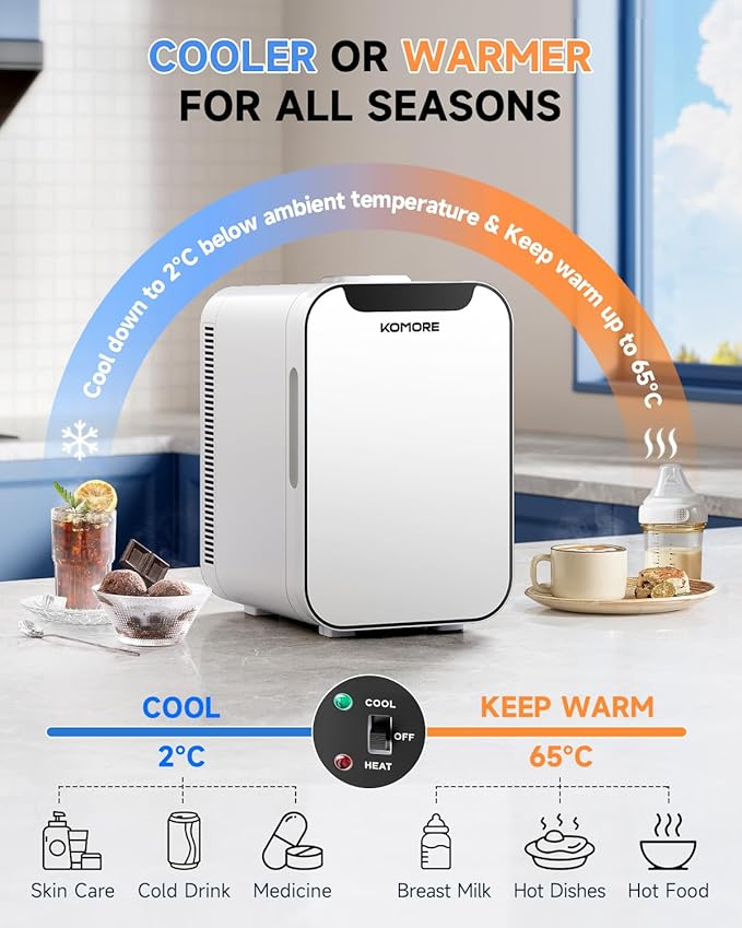 KOMORE Small Mini Fridge, 18L Portable Tiny Fridge for Skincare, 120V/12V Makeup Refrigerator Mini, Thermoelectric Cooler & Warmer for Drinks, Food, Cosmetics for Office/Dorm/Car/Travel, White
