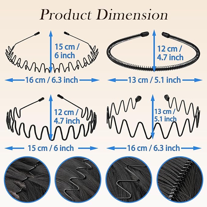 Metal Headbands for Men and Women - Wavy Adjustable Wire Hair Bands, Unisex Non-Slip Elastic Headband for Workout, Face Washing, Curly Hair & Daily Use (6 Pack)