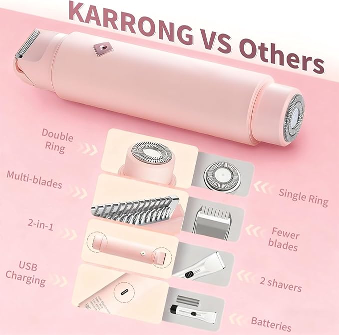 2 in 1 Bikini Trimmer for Women, Painless Waterproof Electric Razors for Women, Dual Head Travel Electric Shaver for Facial Legs Armpits Body Hair Remover, Rechargeable Pubic Hair Trimmer, Pink