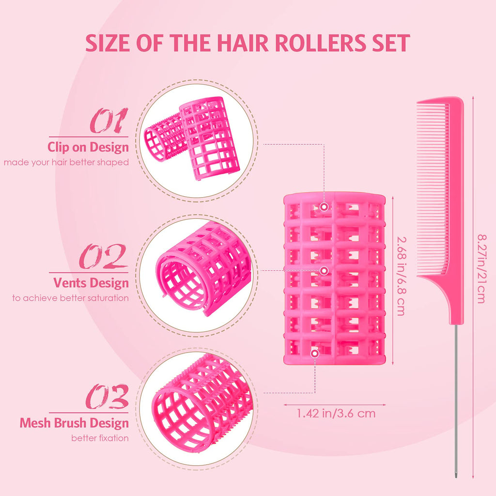 Syhood 12 Pcs Pink Plastic Hair Rollers for Women Large Size Curlers Set