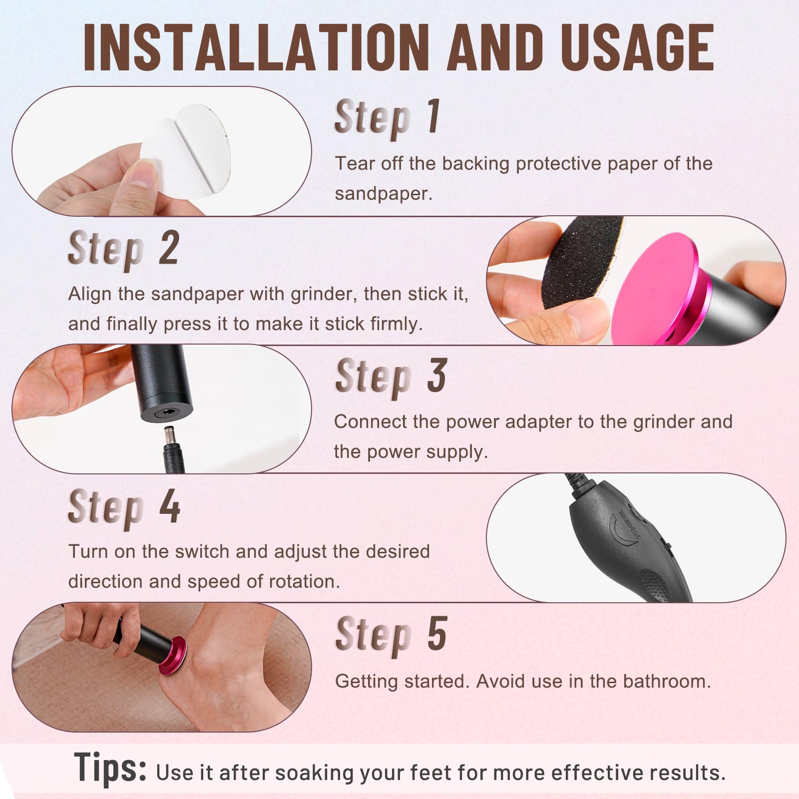 Dermawave Electric Foot File Callus Remover for Feet, Professional Electric Foot Sander Filer Grinder with 60 Sandpaper Discs for Men & Women, Pedicure Tool for Corn Dead Skin Cracked Heel
