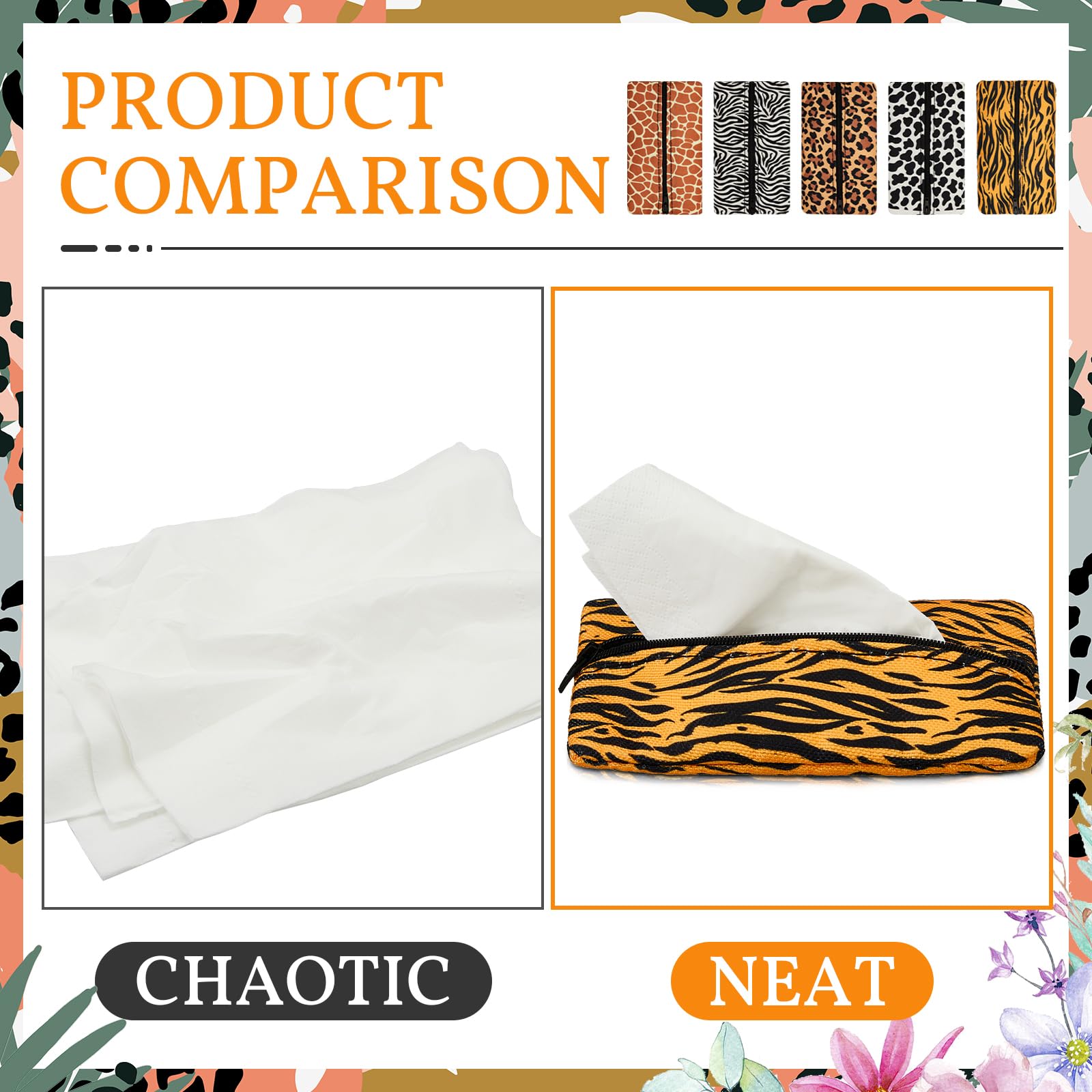 Sherr 5 Pcs Tissues Purse Pocket Holder Reusable Travel Pouch Fabric Zipper Enclosed Small Size Leopard and Zebra Print Pattern Tissue Holder for Purse Coins for Christmas