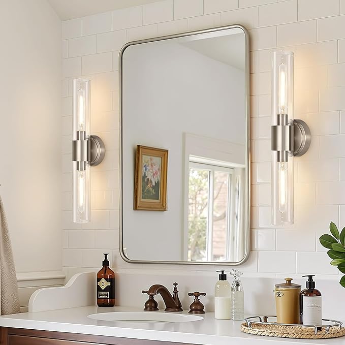 Wall Sconces Set of Two, Brushed Nickel Bathroom Sconces Wall Lighting with Clear Glass, Hardwired Modern Sconces Wall Decor Set of 2 for Bathroom Mirror Bedroom Living Room Hallway