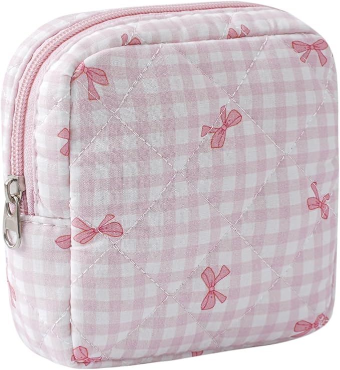 RSRSLEII Small Quilted Cosmetic Pouch for Purse, Mini Cotton Makeup Bag with Compartments, Cute Zipper Lipstick Holder for Women (11Checkered Pink bow)