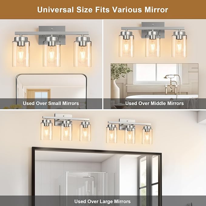 IZORRO Modern Bathroom Light Fixtures, 3 Light Brushed Nickel Vanity Lights, Bathroom Lighting Fixtures Over Mirror with Clear Glass for Living Room Cabinet Bedroom