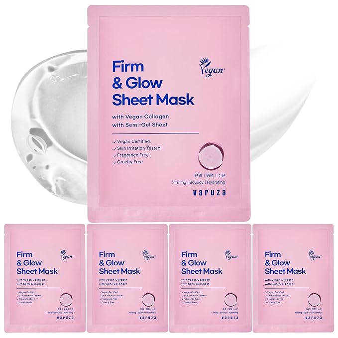 varuza Firm & Glow Sheet Mask with Vegan Collagen Semi-Gel Sheet Biodegradable 100% Cellulose for Anti-Aging Hydration Elasticity Peptide Complex-9 Niacinamide 5 Count