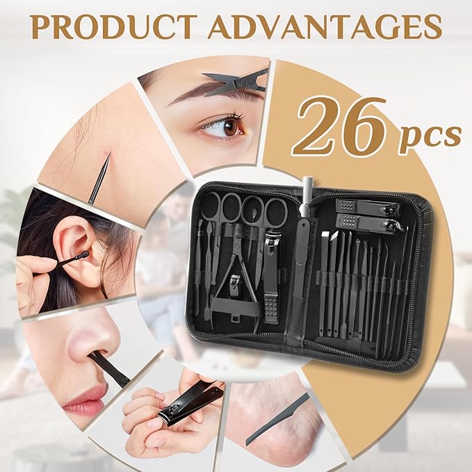 Manicure Set Professional Nail Clipper Kit-26 Pieces Stainless Steel Manicure Kit,Nail Care Tools with Luxurious Travel Case Nail Grooming Kit Present for Men Husband Boyfriend Parent (Black)