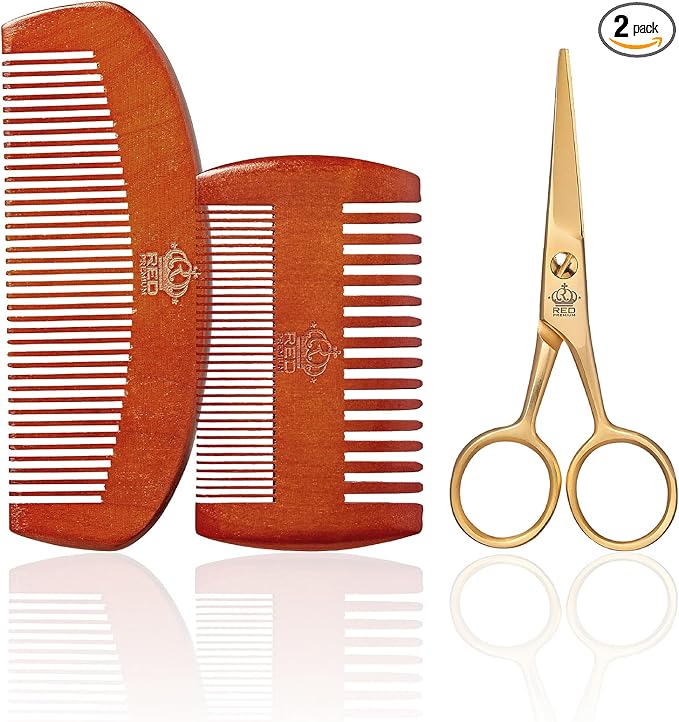 Red by Kiss RED Premium Beard Grooming Kit, 2 Premium Wood Combs & Professional Shear Set for Men, Complete Facial Hair Styling, Maintenance Kit with Ergonomic Design, Easy to Carry