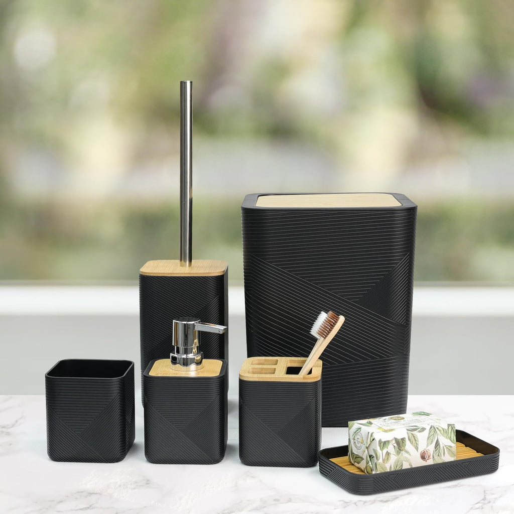 CERBIOR Bathroom Accessories Set 6 Piece Bamboo Bath Ensemble Includes Soap Dispenser, Toothbrush Holder, Toothbrush Cup, Soap Dish for Decorative Countertop and Housewarming Gift (Black)