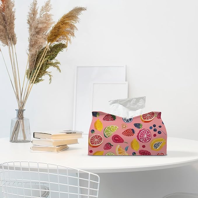 Pink Cute Fruit Tissue Box Cover Rectangle,Summer Cottagecore Strawberry Toilet Paper Box Holder,Leather Decorative Facial Paper Case for Living Room Bathroom Kitchen Office Desk,9.8x5.9x5.9In