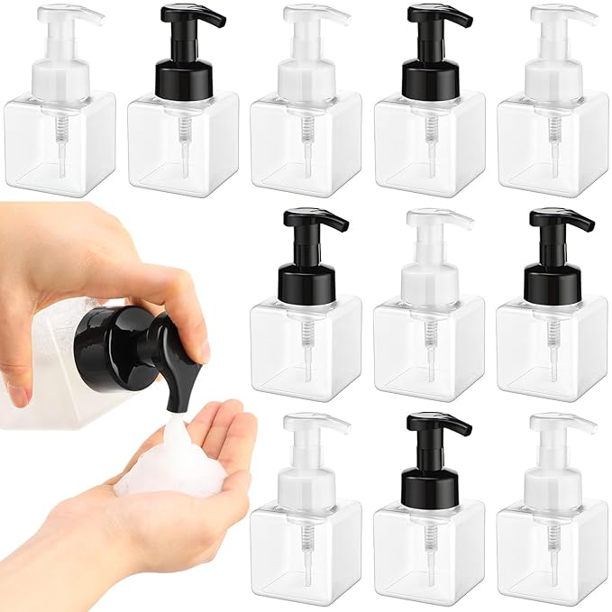 Domensi Foaming Soap Dispenser 8.5 oz Foam Pump Bottle Bulk Empty Travel Foaming Dispenser Refillable Hand Soap Plastic Pump Bottle Travel Clear Container for Bathroom Vanities(12 Pcs,Black White)