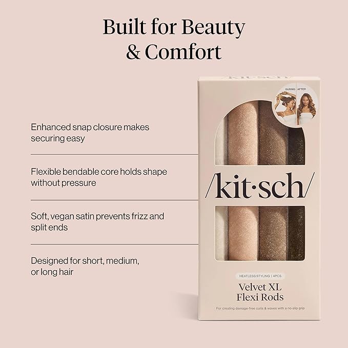 Kitsch Velvet Jumbo Flexi Rods, Heatless Curling Rods - No Heat Curls Overnight, Comfortable Hair Curlers to Sleep In for Frizz-Free and No Heat Damage Styling - 4pcs, Eucalyptus