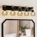 5-Light Farmhouse Bathroom Vanity Light Fixtures, Wood Bathroom Light Fixtures Over Mirror, Rustic Sconces Wall Lighting with Elegant Metal Lampshade for Living Room, Bedroom, Hallway