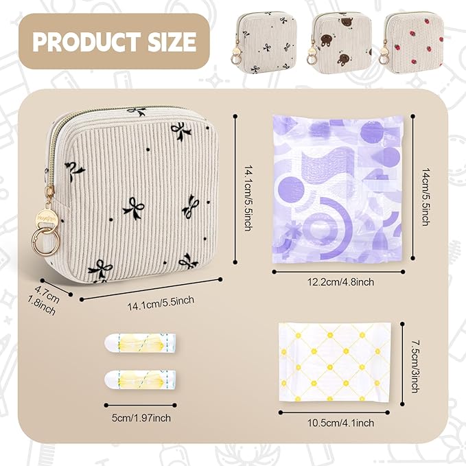 Cute Period Bag for Teen Girls, Corduroy Sanitary Napkin Storage Bag, Menstrual Pad Pouch Tampon Holder for Purse (Strawberry)