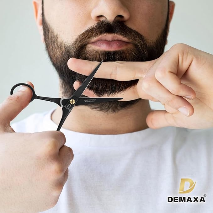 DEMAXA 5" Professional Mustache Scissors Beard Scissors for Men with Fine tip Tweezers 1 Mustache Comb 1 Beard Comb & Pouch – Beard Trimming kit & Mustache Kit (Black Shears With Tweezer)