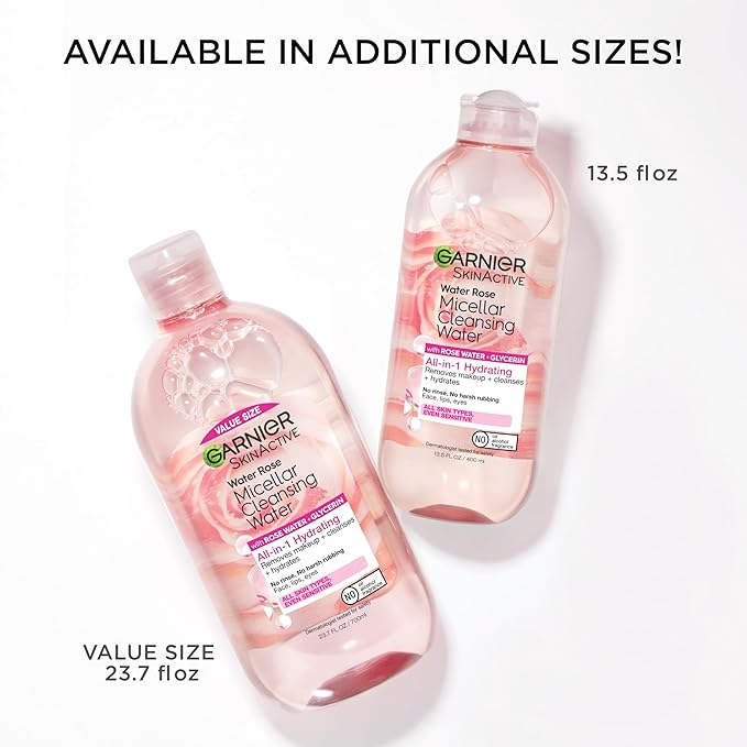 Garnier Micellar Water with Rose Water and Glycerin, Hydrating Facial Cleanser & Makeup Remover, For All Skin Types, Vegan, Cruelty Free, 23.7 Fl Oz (700mL), 1 Count