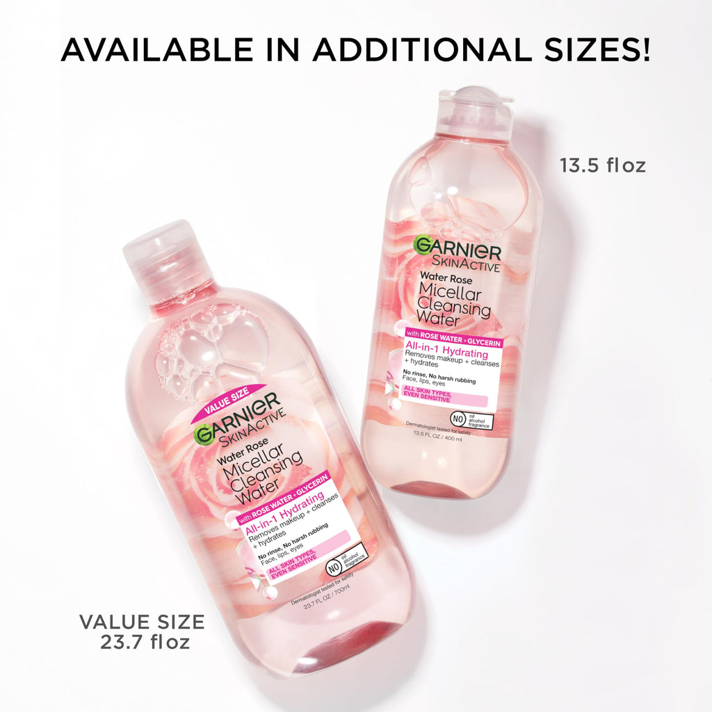 Garnier Micellar Water with Rose Water and Glycerin, Hydrating Facial Cleanser & Makeup Remover, For All Skin Types, Vegan, Cruelty Free, 23.7 Fl Oz (700mL), 1 Count