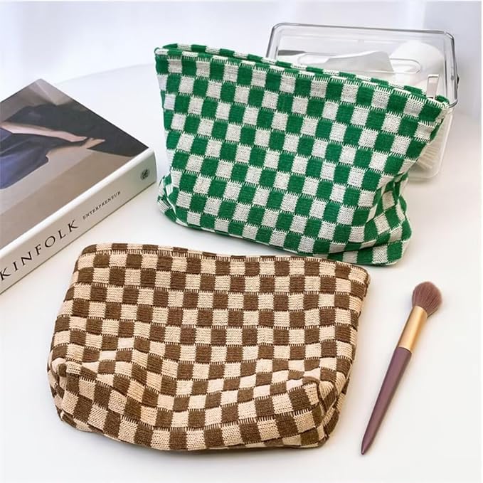 SxoSyo Checkered Cosmetic Bags for Purse, Large Makeup Pouch, Pink