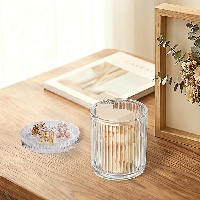 SheeChung Glass Qtip Holder Dispenser Set, 2-Pack Glass Apothecary Jars - Vintage Bathroom Vanity Organizer for Cotton Swabs, Balls, Pads, Floss Picks - Bathroom Accessories Decor