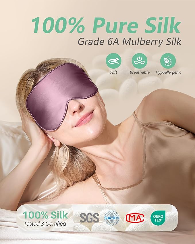 BeeVines 100% Real Mulberry Silk 2 Pack Sleep Mask, Pure Silk Eye Masks with Adjustable Strap for Sleeping, Block Light Eye Shade Cover, Reduces Puffy Eyes Traveling Gifts(Black & Ruby Purple)