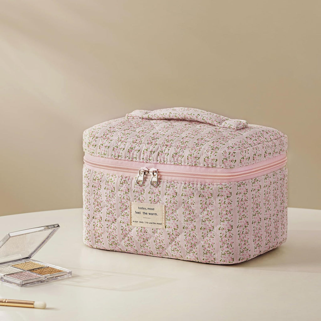 HBselect Quilted Makeup Bag, 3Pcs Cotton Large Travel Makeup Bags Organizer