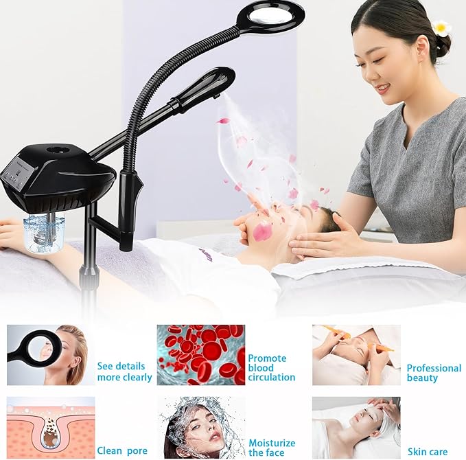 Professional Facial Steamer on Wheels, 2-in-1 Facial Steamers with 5X Magnifying Lamp, Facial Steamer for Facial Deep Cleaning and Hydration, Facial Humidifier for Spa, Salon and at Home Use