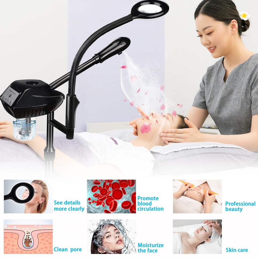Professional Facial Steamer on Wheels, 2-in-1 Facial Steamers with 5X Magnifying Lamp, Facial Steamer for Facial Deep Cleaning and Hydration, Facial Humidifier for Spa, Salon and at Home Use