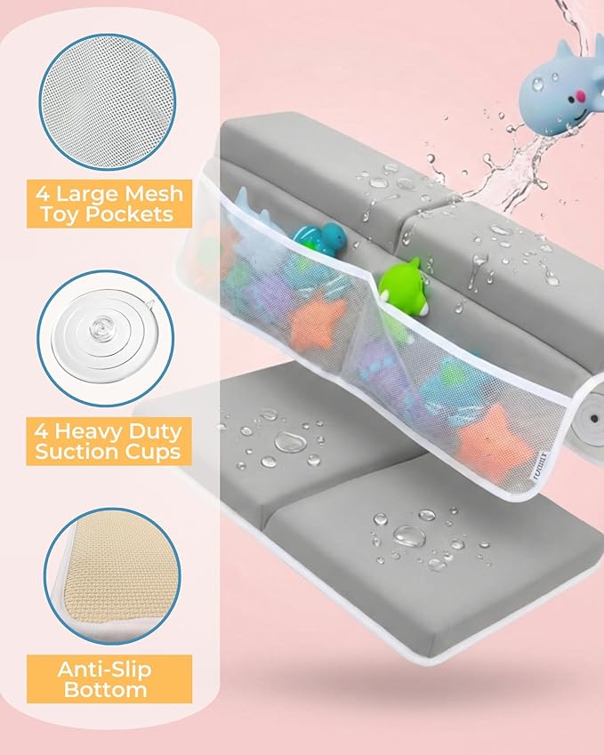 Comfortable Baby Bath Kneeler and Elbow Rest Pad Set – Thick Memory Foam Bath Kneeling Pad with Elbow Support – Baby Bathtub Cushion with Toy Organizer for Bathing Infant or Toddler - Grey