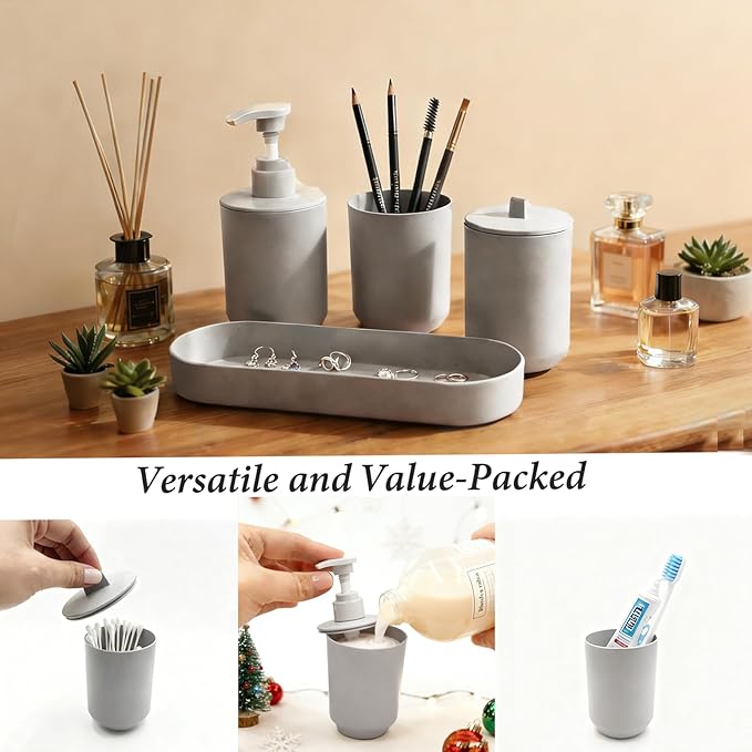 LGURT 4-Piece Light Gray Plastic Bathroom Organizer Set, with Lotion Soap Dispenser, Tumbler, Cotton Swab Cup & Vanity Tray (7.87" × 2.56") – Bathroom Decor for Apartment, Dorm & Guest Bath