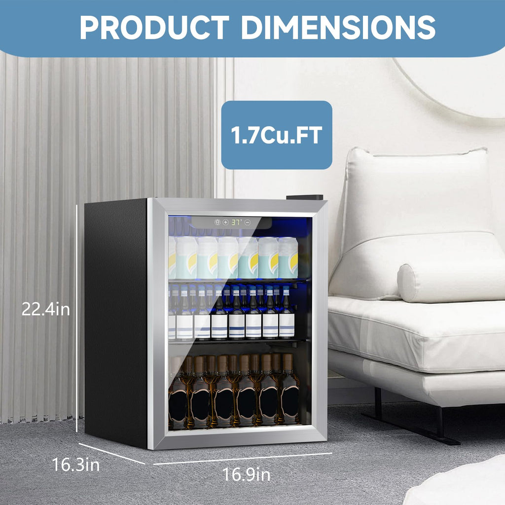 DOGHLY Beverage Refrigerator Cooler, 70 Can Mini Fridge Glass Door for Drinks Soda, Beer, or Wine - Small Refrigerator for Office Bedroom Home Bar, Adjustable Shelves, 1.7 Cu.Ft, Silver