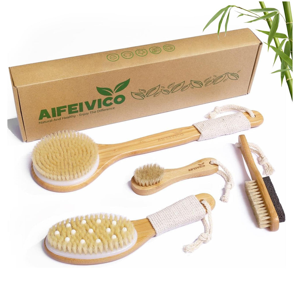 AIFEIVICO Dry Brushing Body Brush, Natural Boar Bristle Dry Brush, Bamboo Exfoliating Body, Face, Foot, Long Handle Back Scrubber Brush, Meridian Pressure for Lymphatic, Cellulite