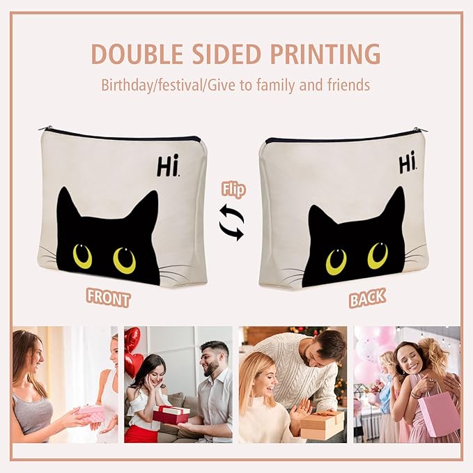 Girlly Black Cat Makeup Bag For Cat Mom Gift: Cute Kitty Cosmetic & Toiletry Pouch For Girls & Womens, Sisters, Friends.Ideal Black Cat Lover Gifts for Travel, Birthday, Christmas.