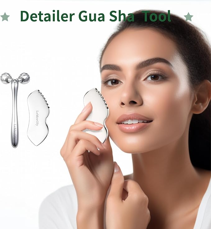 LeMeeOly Stainless Steel Gua Sha Facial Tools Metal GuaSha Tool for Face Neck, Detailer Gua Sha Lymphatic Drainage Reduce Wrinkles Face Massage Tool, Gift for Women (Guasha & Face Roller)