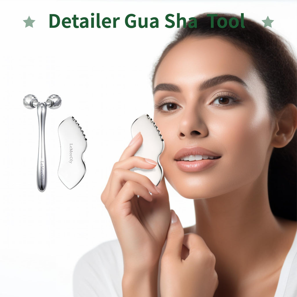 LeMeeOly Stainless Steel Gua Sha Facial Tools Metal GuaSha Tool for Face Neck, Detailer Gua Sha Lymphatic Drainage Reduce Wrinkles Face Massage Tool, Gift for Women (Guasha & Face Roller)