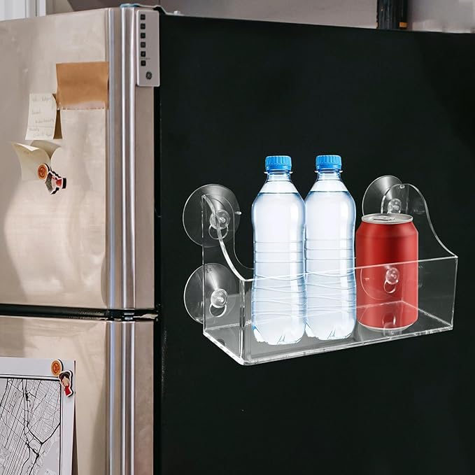 STOBAZA Suction Cup Shelf for Fridge, Clear Acrylic Fridge Door Organizer for Drinks, Spices, Small Bottles, Kitchen Storage, Bathroom, Window and Smooth Surface Use