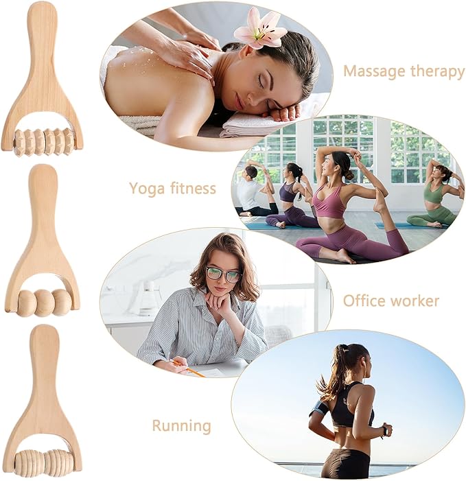 Abeillo 3Pcs Wooden Hand Massage Roller, Muscle Roller Stick, Manual Wood Therapy Massage Tools Massager Roller, for Relaxes Thigh, Leg, Hands Full Body Muscle Men Women