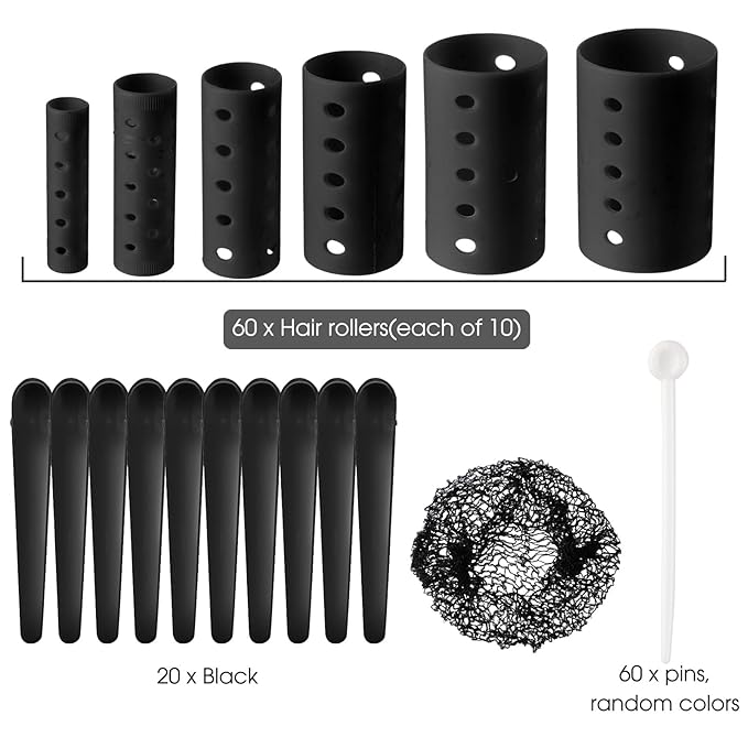 WILLBOND 141 Pieces Hair Rollers Set Include 60 Pcs Plastic Hair Rollers (black,6 Sizes)