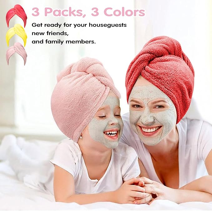 Hair Drying Towel 3 Pack - Ultra Soft Microfiber Turban Twist Hair Wrap for Women - Super Absorbent, Quick Dry Hair Towel Cap for Wet Hair (3 Colors, Yellow Pink & Red)